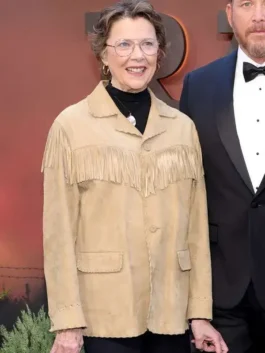 Beige Dutton Ranch Premiere Annette Bening Fringe Jacket spotted on Annette Bening at the Dutton Ranch New York premiere