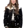 A premium black Dutton Ranch Premiere Morgan Wade Varsity Jacket crafted from high quality wool fabric.