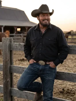 Front view of the black Dutton Ranch Rip Wheeler Black Shirt putting the full rugged western style of Rip Wheeler on bold display
