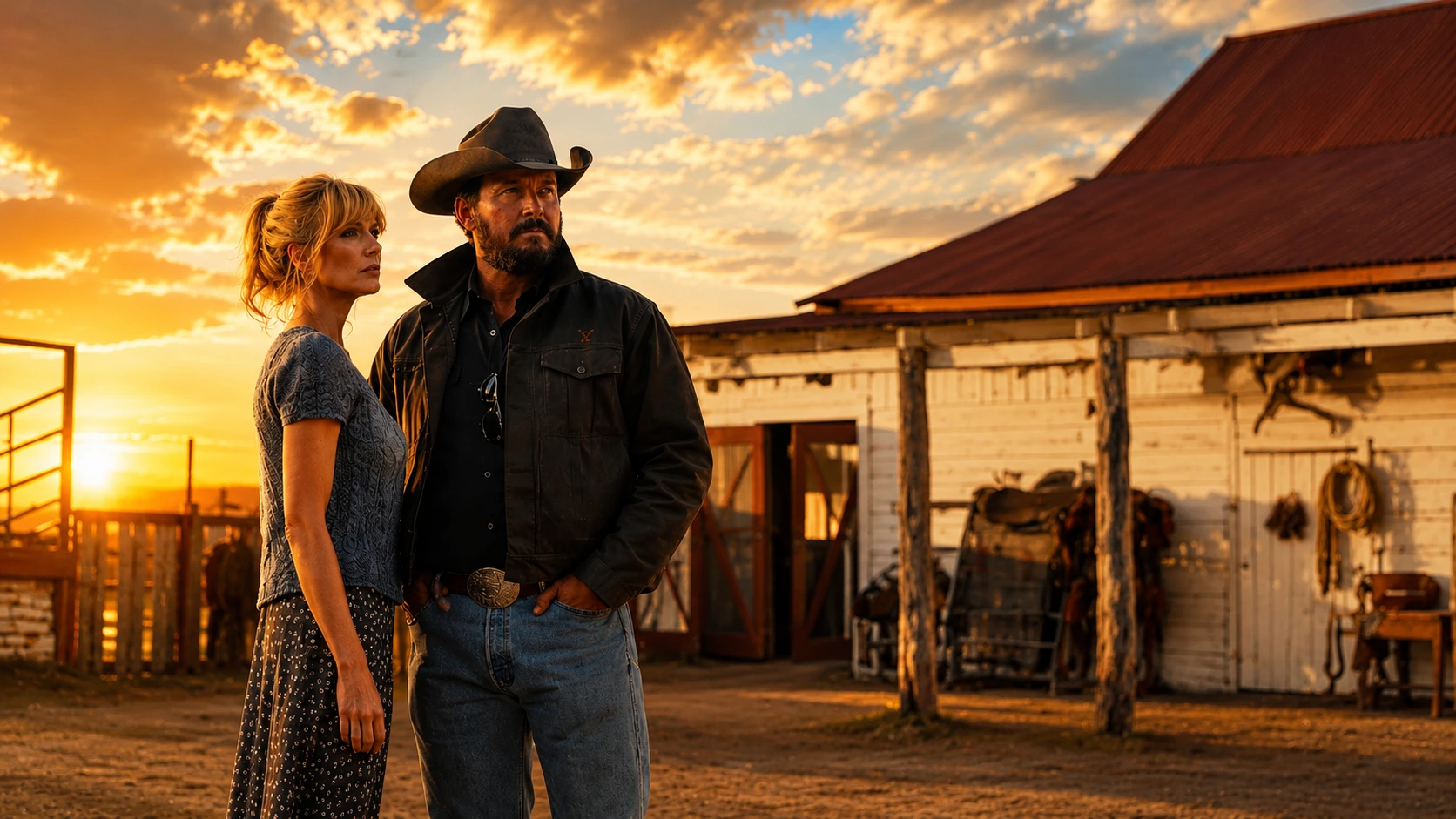 Kelly Reilly as Beth Dutton and Cole Hauser as Rip Wheeler wearing ranch jacket at sunset in front of weathered barn in Dutton Ranch Season 1 2026 Paramount Plus