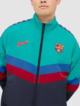 FC Barcelona Retro Jacket closeup showing premium detailing, retro styling, and quality craftsmanship
