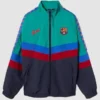 FC Barcelona Retro Jacket front view with classic BARCA styling, vintage football appeal, and sporty design
