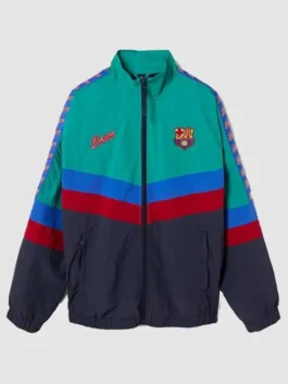FC Barcelona Retro Jacket front view with classic BARCA styling, vintage football appeal, and sporty design