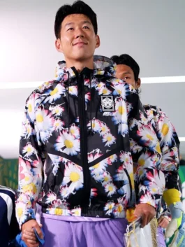 Front view of the black with white flowers FIFA World Cup 2026 South Korea Jacket from the Nike x PEACEMINUSONE collaboration