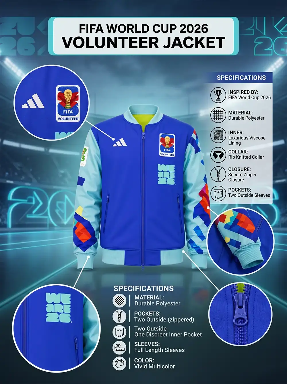An infographic detailing a blue and light-blue FIFA World Cup 2026 volunteer jacket featuring a rib-knitted collar, a secure zipper closure, geometric multicolored patterns on the sleeves, and the FIFA Volunteer crest on the chest.