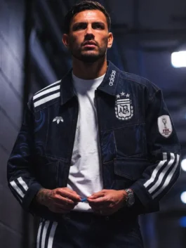 Argentina World Cup Denim Sports Jacket closeup featuring premium denim texture, detailed craftsmanship, and football-inspired design elements