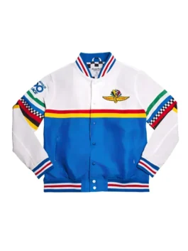 Indianapolis 500 Bomber Jacket front view featuring premium satin construction, racing-inspired styling, and iconic motorsport fashion appeal