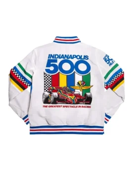 Indianapolis 500 Bomber Jacket back view displaying signature racing-inspired graphics, premium satin fabric, and motorsport styling
