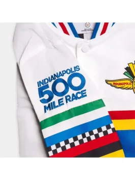 Indianapolis 500 Bomber Jacket closeup view featuring premium satin texture, detailed embroidery, and superior craftsmanship