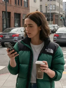 Voicemails for Isabelle Zoey Deutch Puffer Jacket featuring premium puffer construction, winter comfort, and fashionable outerwear styling