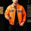 Josh Hart Knicks Leather Varsity Jacket front view featuring premium leather construction, varsity styling, and New York Knicks inspired design