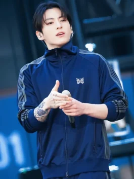 Jungkook NEEDLES Tracksuit in blue featuring premium detailing and modern athletic streetwear style