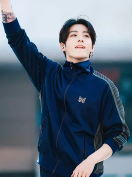 Jungkook NEEDLES Tracksuit in blue featuring premium sportswear styling, athletic comfort, and modern streetwear appeal