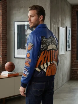 view of the Knicks 2026 Champions Leather Jacket showcasing the classic shirt style collar and detailed embroidery.