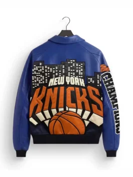 The back view of the Knicks 2026 Champions Leather Jacket highlighting the premium real leather grain and custom championship panels.