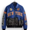 Front profile of the Knicks 2026 Champions Leather Jacket displaying the comfortable rib knitted cuffs and two outside pockets.