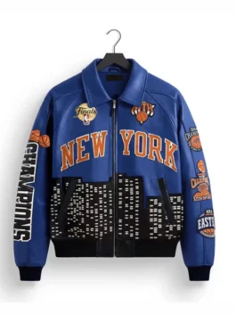 Front profile of the Knicks 2026 Champions Leather Jacket displaying the comfortable rib knitted cuffs and two outside pockets.