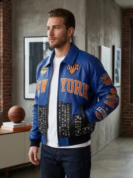 A premium New York Knicks 2026 Champions Leather Jacket crafted from real leather with a secure zipper closure.