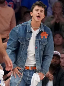 Knicks Game 4 Timothee Chalamet Denim Jacket front view with premium denim styling and classic game-day fashion