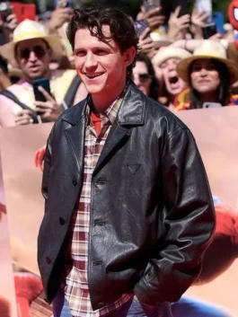 Tom Holland Black Leather Jacket side view featuring premium leather craftsmanship, sleek biker-inspired styling, and modern celebrity fashion appeal