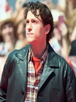 Tom Holland Black Leather Jacket closeup view displaying premium leather texture, detailed stitching, and superior craftsmanship