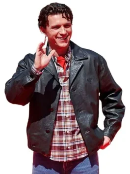 Madrid Event Spider Man Tom Holland Leather Jacket front view featuring premium leather construction, modern styling, and celebrity-inspired fashion aesthetics