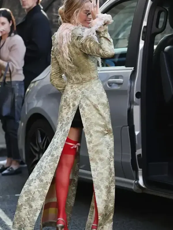 Margot Robbie John Galliano Long Trim Coat Back View