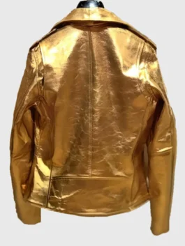 Mens Gold Metallic Biker Leather Jacket Back Look