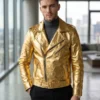 Mens Gold Metallic Biker Leather Jacket Front View