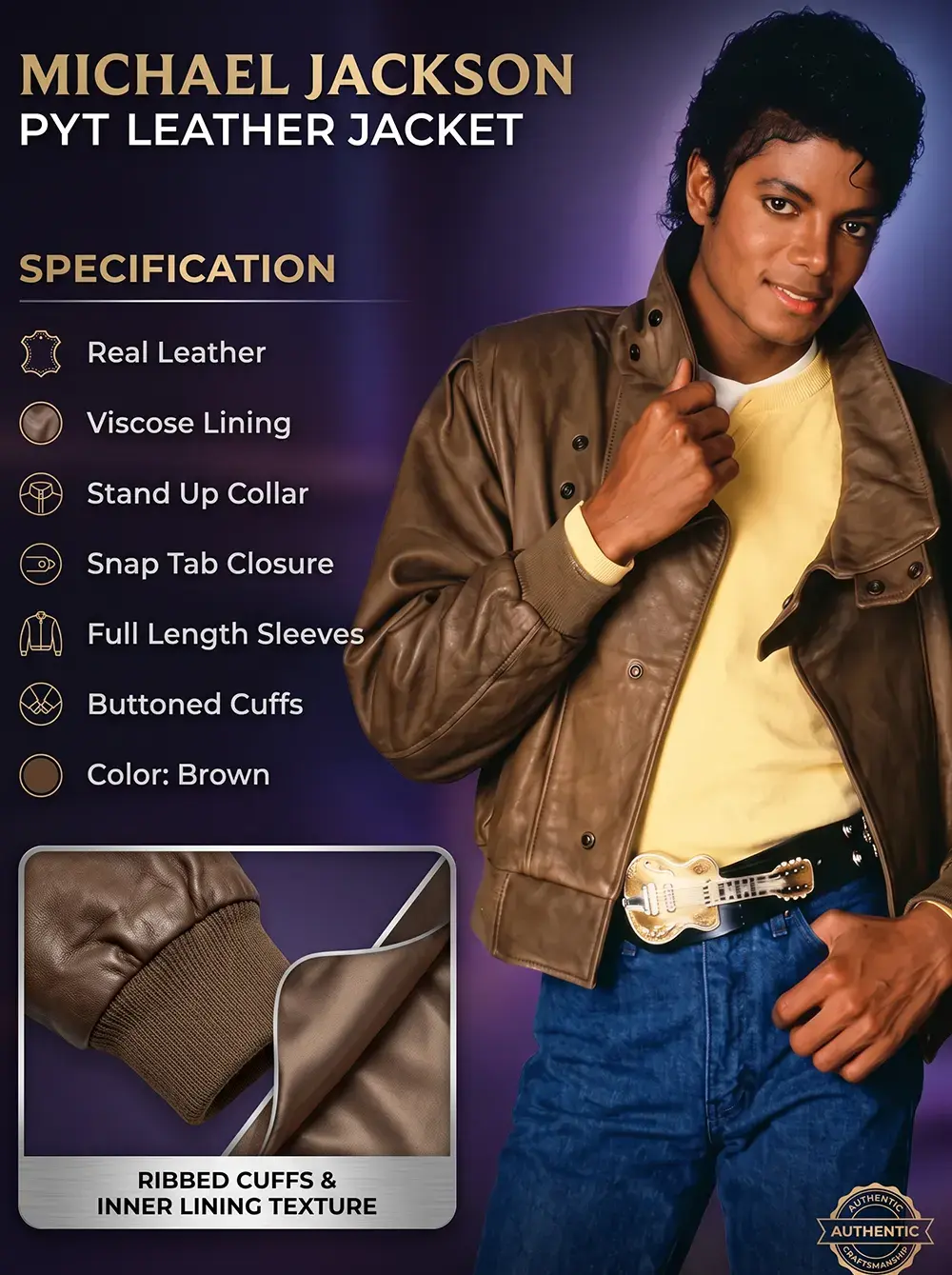 Michael Jackson PYT Leather Jacket, featuring Michael Jackson wearing a slouchy brown leather jacket over a yellow collar shirt and blue jeans, accompanied by a checklist of garment specifications and close-up views of the ribbed cuffs and inner lining.