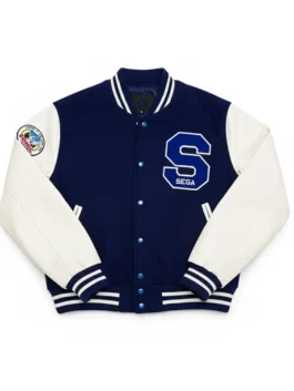 Front view of the blue and white Michael Jackson Sonic Hedgehog Jacket putting the full Sonic x Michael Jackson design on bold display