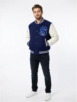 Blue and white Michael Jackson Sonic Hedgehog Jacket worn by a model showcasing the full fit of this iconic MJ x Sonic varsity piece