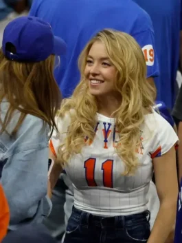 The classic presentation of the NBA Finals Sydney Sweeney Knicks Jersey featuring comfortable half length sleeves.
