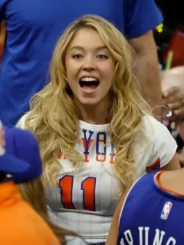 A professional view of the white NBA Finals Sydney Sweeney Knicks Jersey highlighting the premium pullover design.