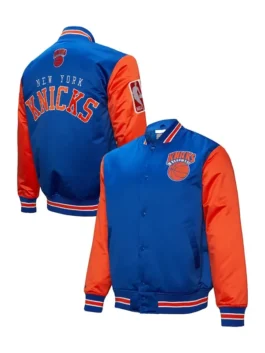 New York Knicks NBA Primetime Satin Jacket featuring premium satin construction, basketball-inspired fashion, and modern sportswear appeal