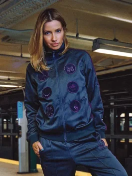 Needles x Albino & Preto Blue Track Jacket front view in blue polyester with zip closure and sporty styling