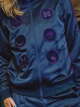Needles x Albino & Preto Blue Track Jacket close up showing premium fabric texture and ribbed details