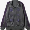 Needles x Albino & Preto Grey Track Jacket front view in grey polyester with stand-up collar and zip closure