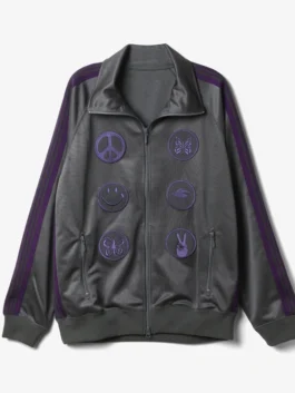 Needles x Albino & Preto Grey Track Jacket front view in grey polyester with stand-up collar and zip closure