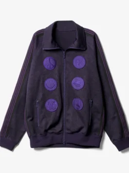 Needles x Albino & Preto Purple Track Jacket front view in purple cotton with zip closure and athletic styling
