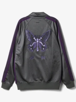 Needles x Albino & Preto Grey Track Jacket back view with grey polyester and smooth rear styling