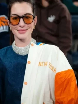 New York Knicks Anne Hathaway Varsity Jacket closeup featuring premium craftsmanship, varsity-inspired details, and basketball fashion appeal