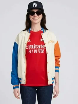 Anne Hathaway Knicks Varsity Jacket front view featuring premium varsity styling, basketball-inspired fashion, and quality craftsmanship