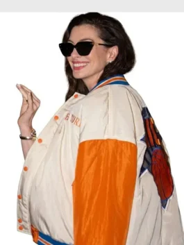 New York Knicks Anne Hathaway Varsity Jacket back view displaying premium detailing, athletic-inspired design, and classic varsity aesthetics