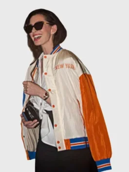 New York Knicks Anne Hathaway Varsity Jacket side view displaying premium materials, varsity detailing, and modern sportswear styling