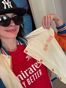 New York Knicks Anne Hathaway Varsity Jacket closeup highlights superior craftsmanship and refined detailing