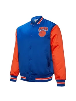 New York Knicks NBA Primetime Satin Jacket front view featuring premium satin fabric, varsity-inspired styling, and iconic Knicks basketball fashion