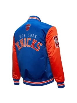 New York Knicks NBA Primetime Satin Jacket back view displaying signature team-inspired detailing and premium sportswear appeal