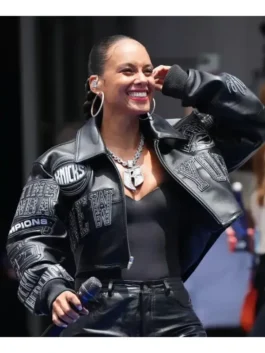 Black Knicks Victory Parade Alicia Keys Jacket worn by Alicia Keys during the iconic New York Knicks championship parade