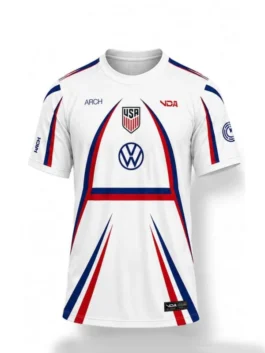 Front view of the white VAA X Nike USA Pre Match Jersey putting the full Virgil Abloh Archive x Nike USMNT vision on display